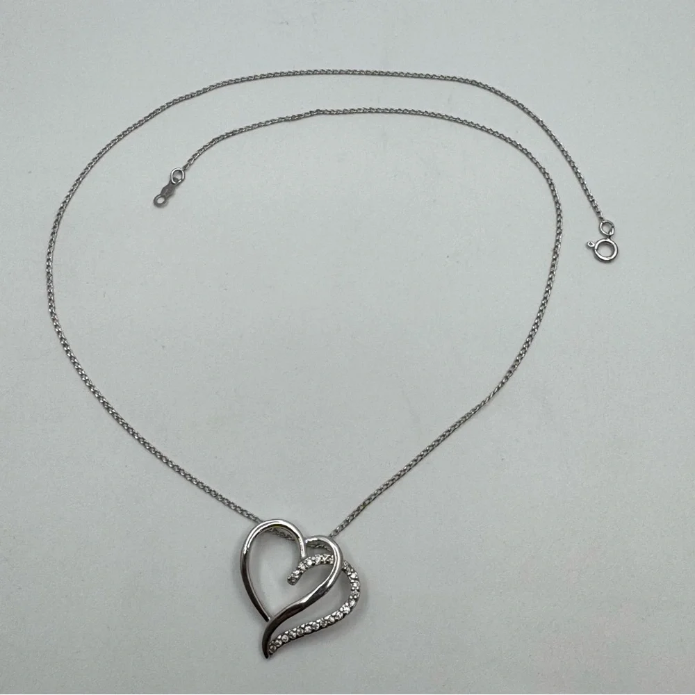 Sterling Silver Double Heart CZ Pendant Necklace 18”